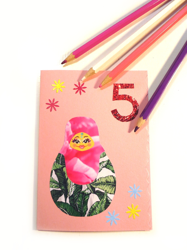 Cute Russian Matryoshka doll birthday card for a girl. Read and watch how to make one and download the free doll templates.