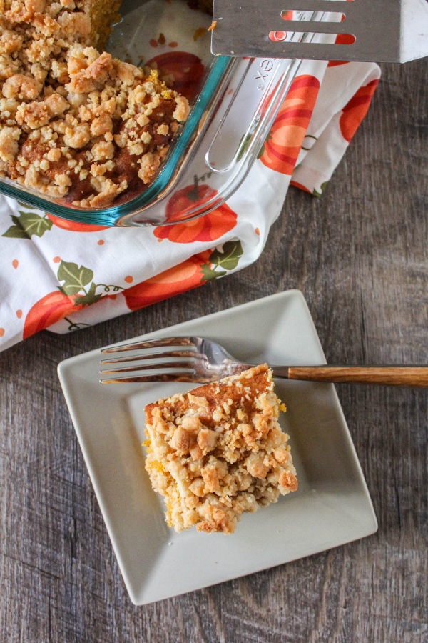Celebrate fall with this moist and tender Pumpkin Coffee Cake! This simple recipe comes together in no time and is perfect with your morning coffee or tea!