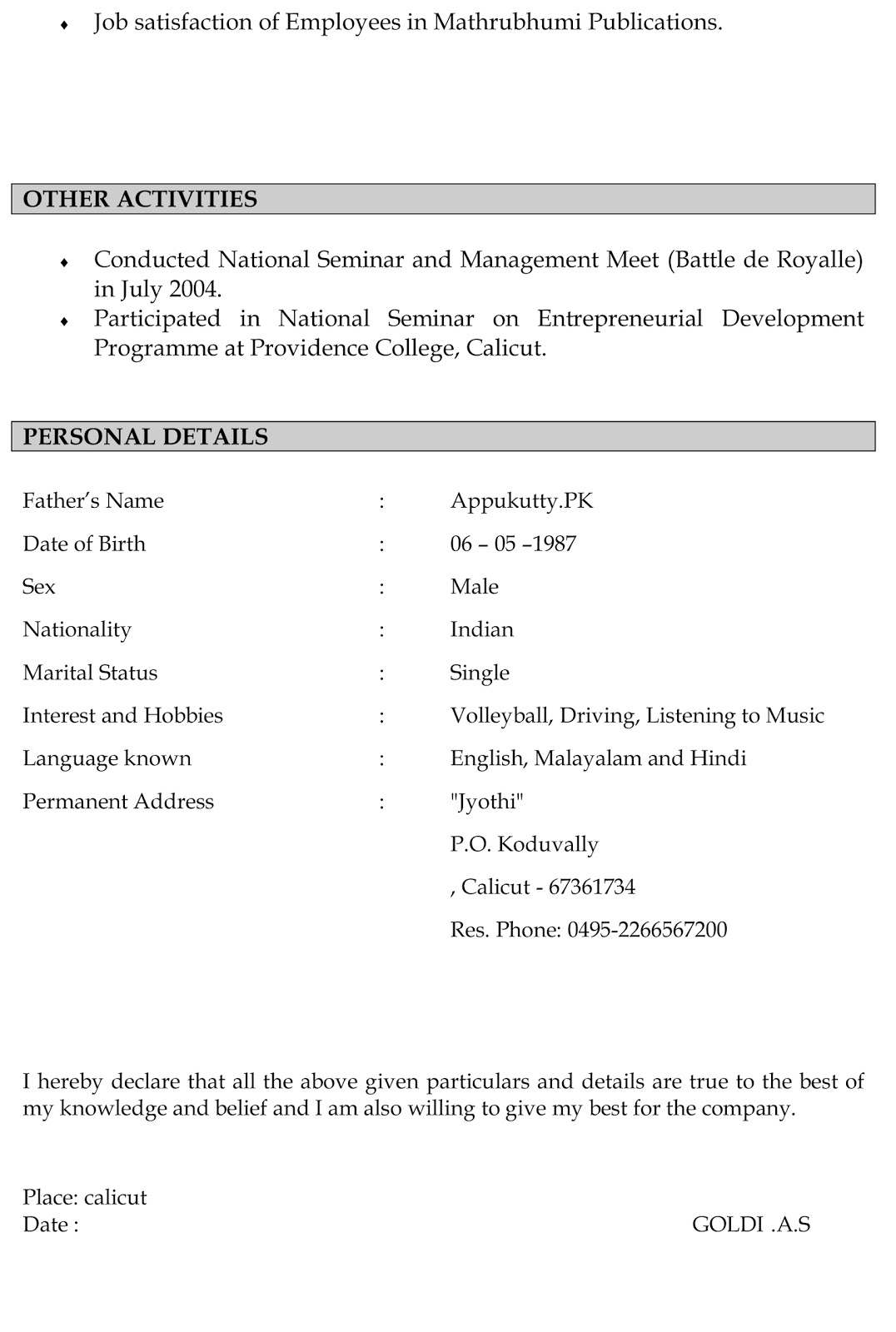 normal resume format in word pdf