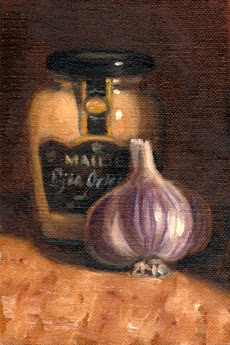 Oil painting of a purple garlic bulb in front of a jar of Maille-brand Dijon mustard.