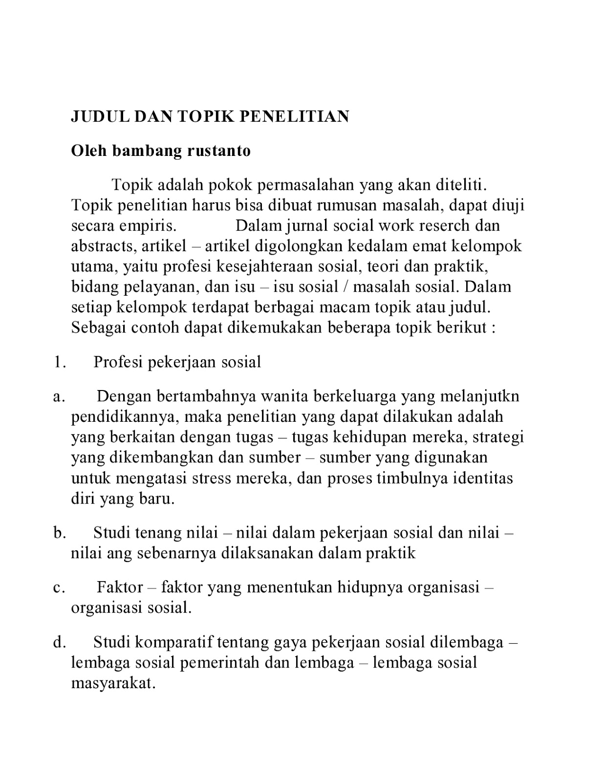 Peksos Bambang Rustanto Topik Penelitian Pekerjaan Sosial