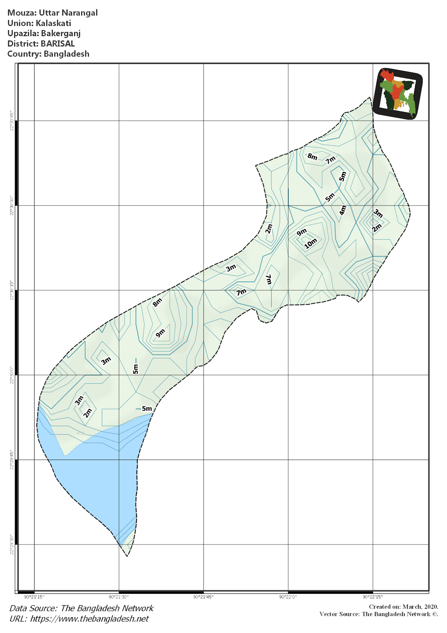 Map of Uttar Narangal Mouza of Bakerganj Upazila, BARISAL, Bangladesh.
