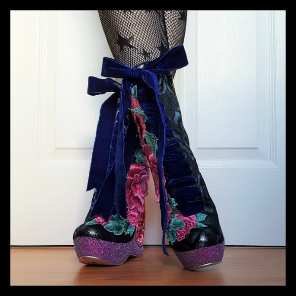 Irregular Choice Maya birdcage boots front side view Irregular Choice Maya birdcage boots worn with star fishnet tights