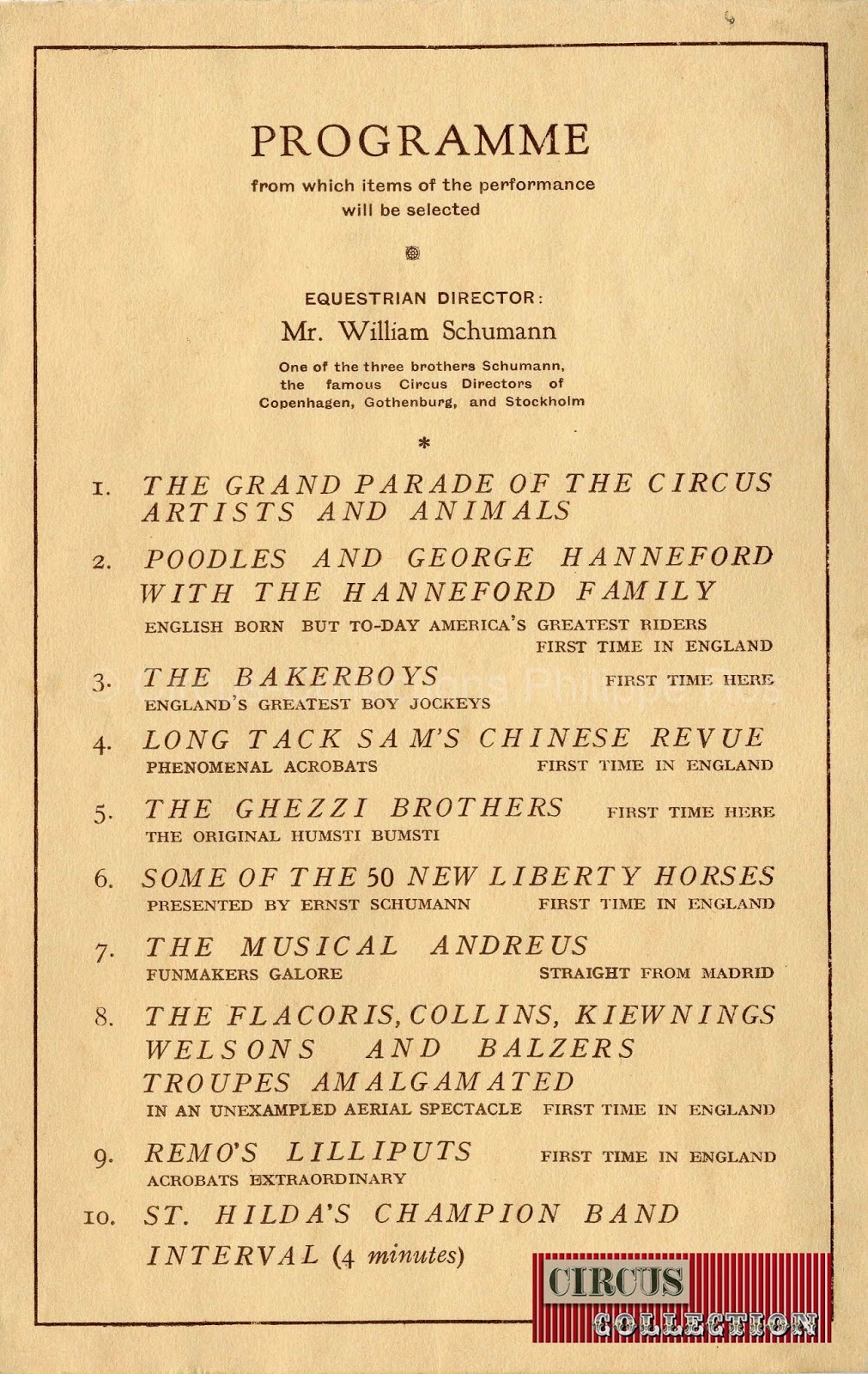 programme de le représentation de la soirée de première du Bertram Mills Circus 1929