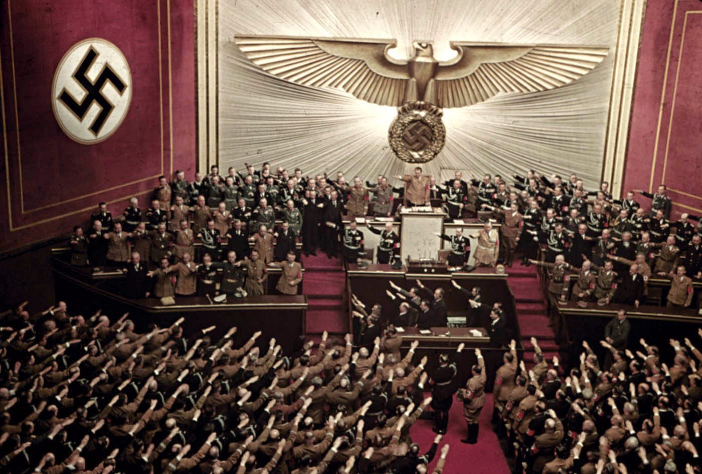 Adolf Hitler makes keynote address at Reichstag session, Kroll Opera House, Berlin, 1939.
