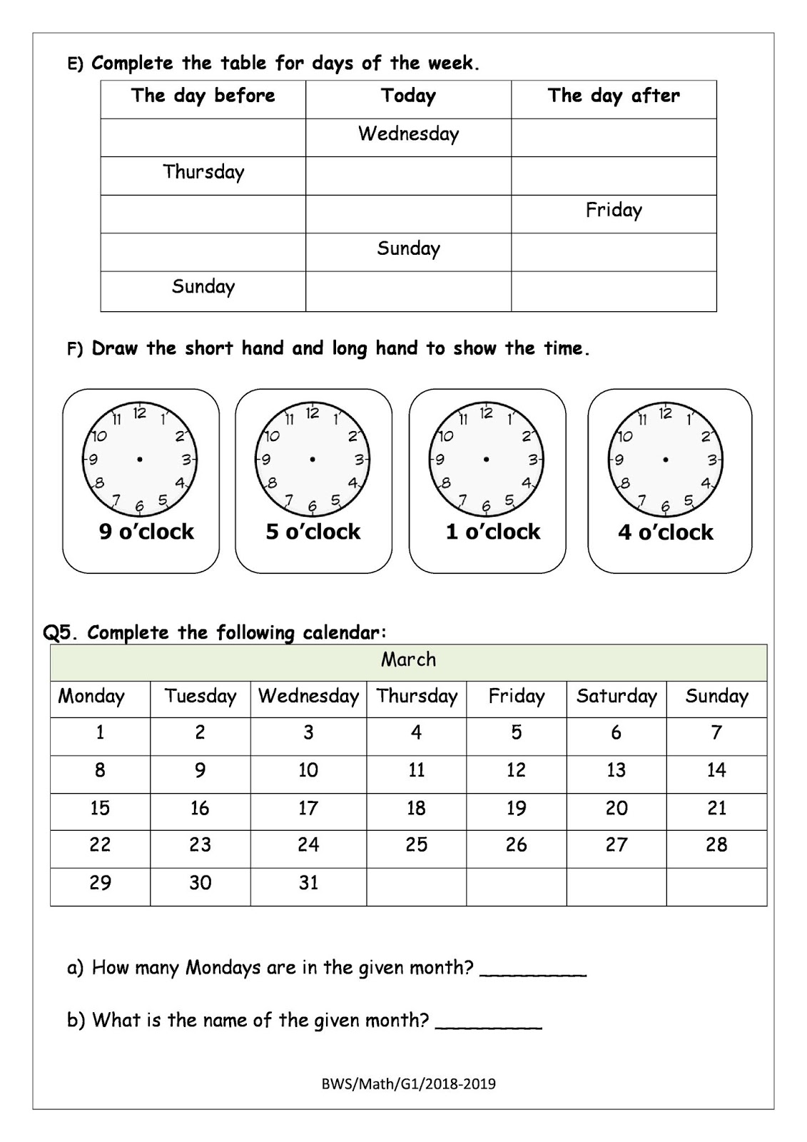 Birla World School Oman: Homework for Grade 1 as on 05-05-2019