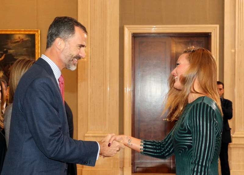 King Felipe VI of Spain and Queen Letizia of Spain meet waterpolo and swimming pool teams members that joined the European Championships at Zarzuela