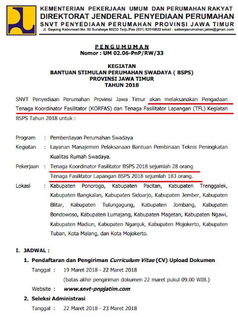 Direktorat Jenderal Penyediaan Perumahan REKRUTMEN TENAGA KOORDINATOR FASILITATOR DAN TENAGA FASILITATOR LAPANGAN KEGIATAN BSPS PROVINSI JAWA TIMUR TAHUN 2018