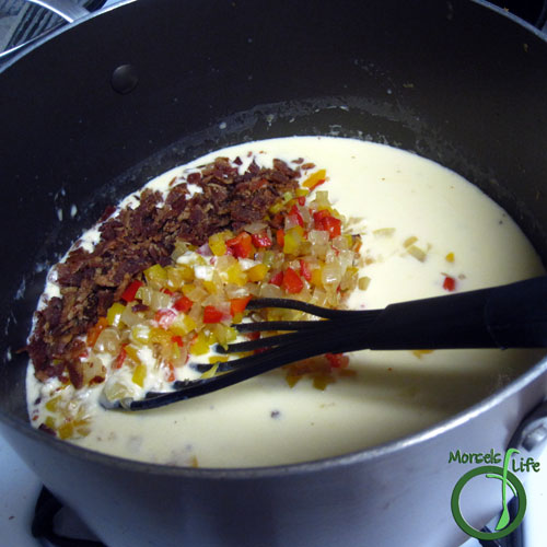 Morsels of Life - Cheesy Green Bean Casserole Step 10 - Combine the bell pepper mixture and bacon into the milk mixture.