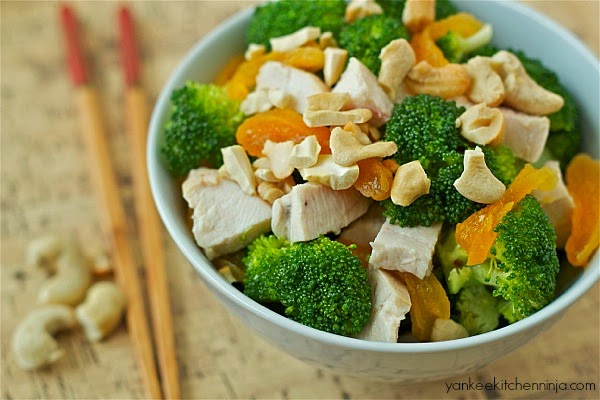 Asian-inspired chicken and broccoli salad with apricots and cashews