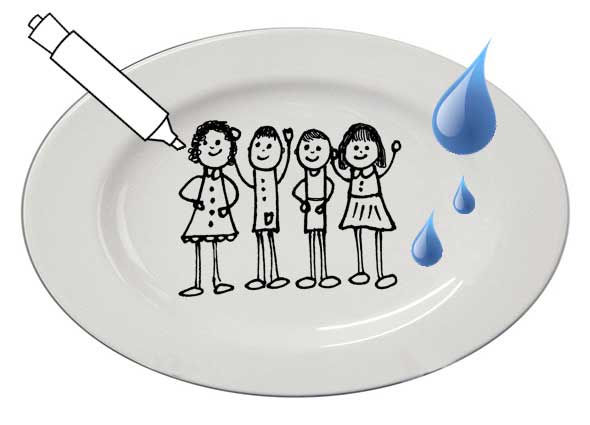 Dibujos animados con rotuladores de pizarra, un plato y agua