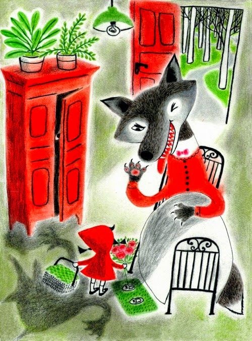 big bad wolf in bed with little red riding hood illustration by Hui Yuan Chang