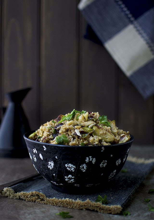 Millet Salad with Brussels Sprouts, dried Cranberries and Walnuts
