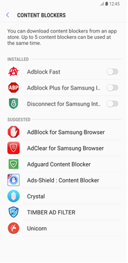 Content blockers menu in Samsung Internet v6.2