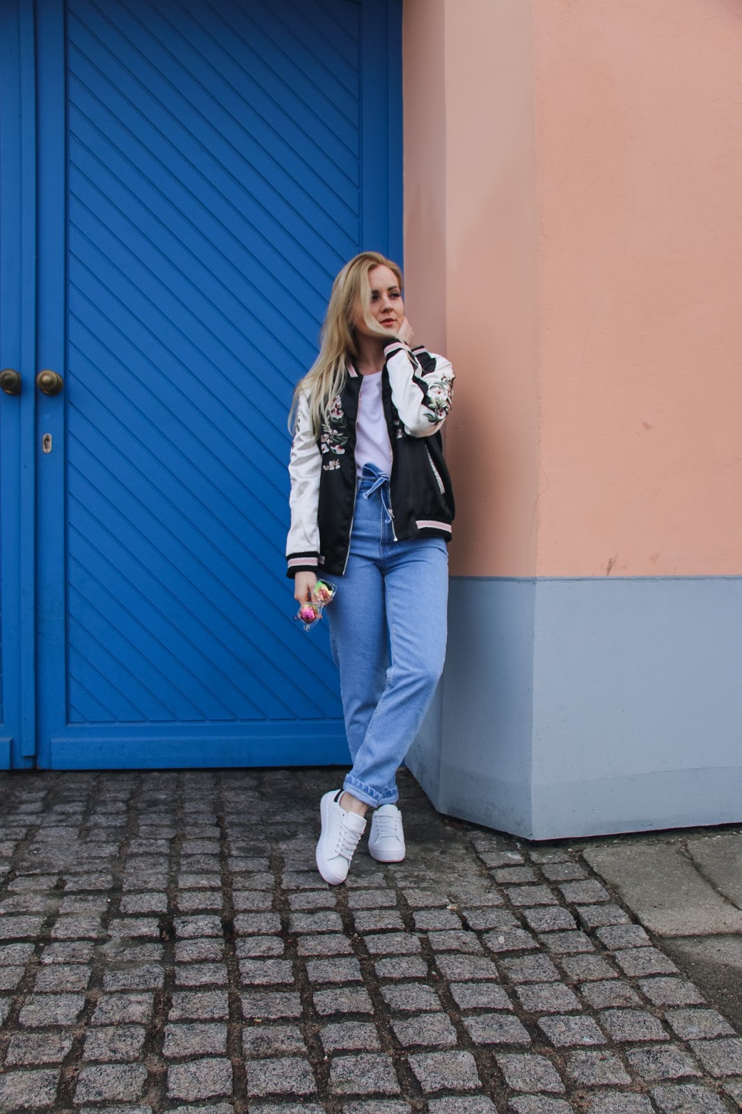 jacket with mom jeans