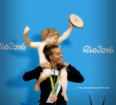Rio 2016. Medaglia al collo, putto in spalla e via ai festeggiamenti per Tania Cagnotto. fotomontaggi olimpionici-Rio 2016-Tania Cagnotto-dipinti classici