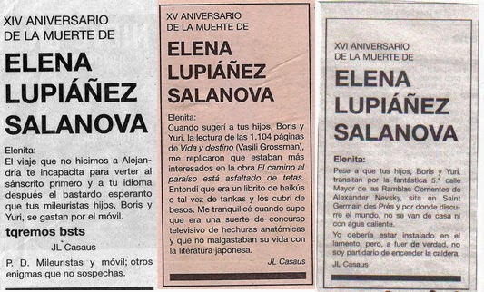 Noveno y décimo aniversario de la muerte de Elenita, El País, esquela, José Luis Casaus, Boris, Yuri