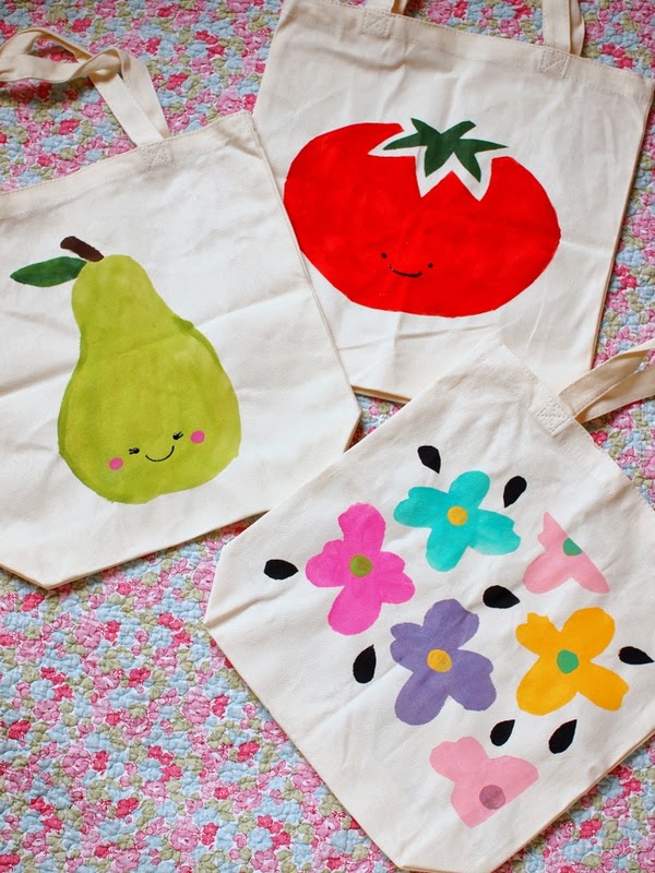 freezer paper stenciled pear, tomato, and flower design bags 