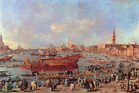 Guardi's painting of the Doge's state barge, the Bucintoro, near  the Riva di Sant'Elena, which is housed at the Louvre in Paris