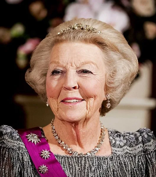 Queen Maxima wears the tiara Mellerio Rubies and wore Jan Taminiau Gown. Queen Mathilde wearing a new powder pink gown with long sleeves by Pierre Gauthier. Princess Beatrix wears Diamond Bandeau tiara. Jewelry Princess Margriet, Princess Laurentien wearing a dark brown dress Talbot Runhof.