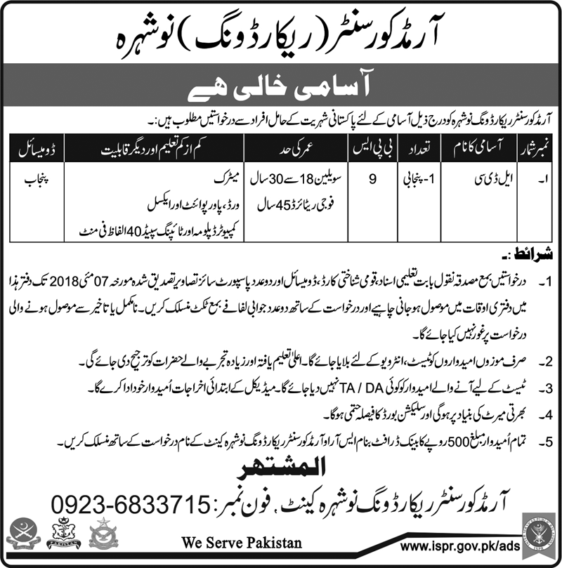 Jobs In Pakistan Army for LDC at Armed Corps Center Record Wing Nowshera Cantt 2018
