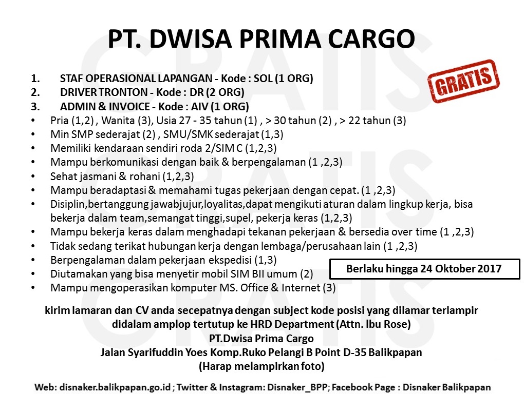 Lowongan Kerja Kota Balikpapan Lowongan PT. DWISA PRIMA CARGO