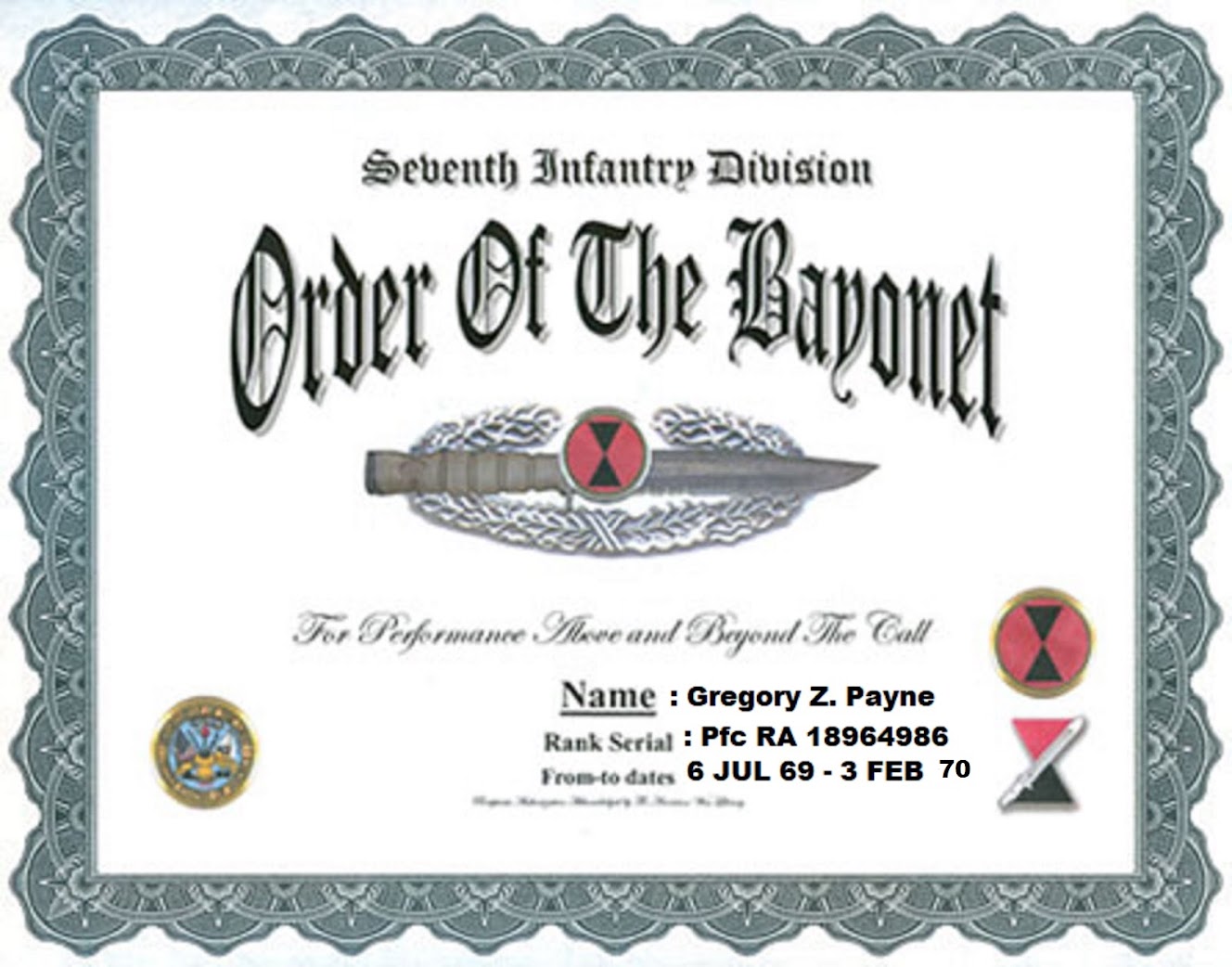 MY 7th INFANTRY DIVISION (LIGHT) BAYONET BADGE CERTIFICATE