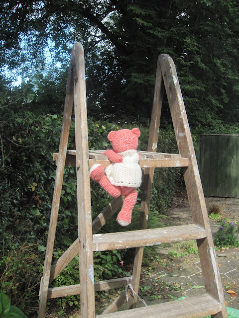 Fiddly Fingers crochet bear Taffy climbing top step ladder