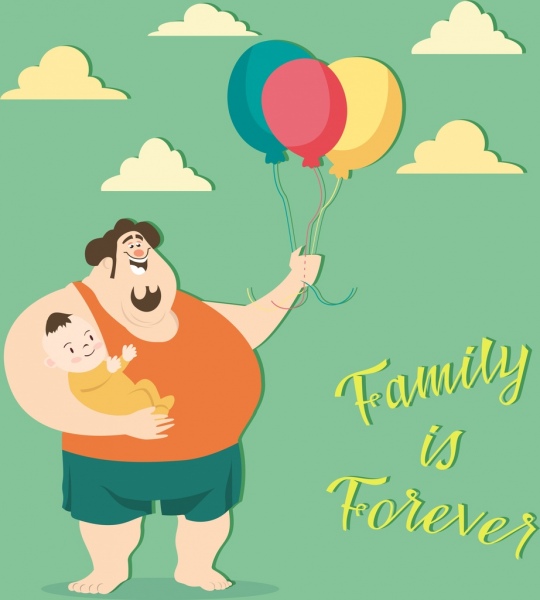 Family banner father kid balloon icons cartoon design for father's day Free vector