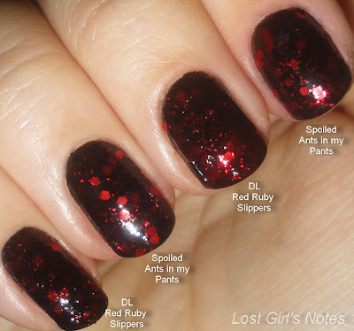 deborah lippmann red ruby slippers and spoiled ants in my pants comparison swatches