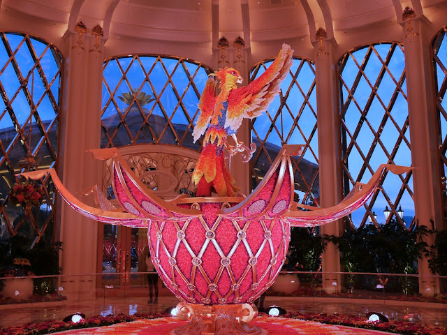Phoenix rising from Fabergé egg floral sculpture by Preston Bailey at the Wynn Palace