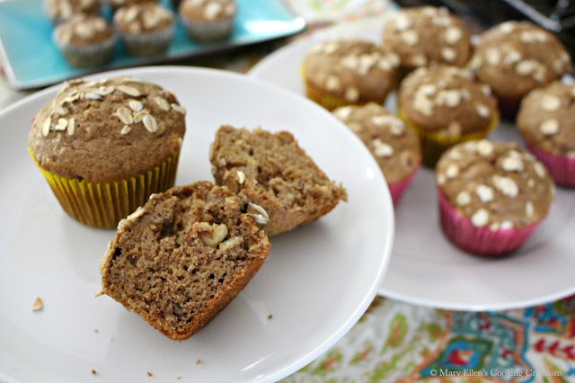 Healthy, whole wheat banana muffins with oats and walnuts, sweetened only with maple syrup