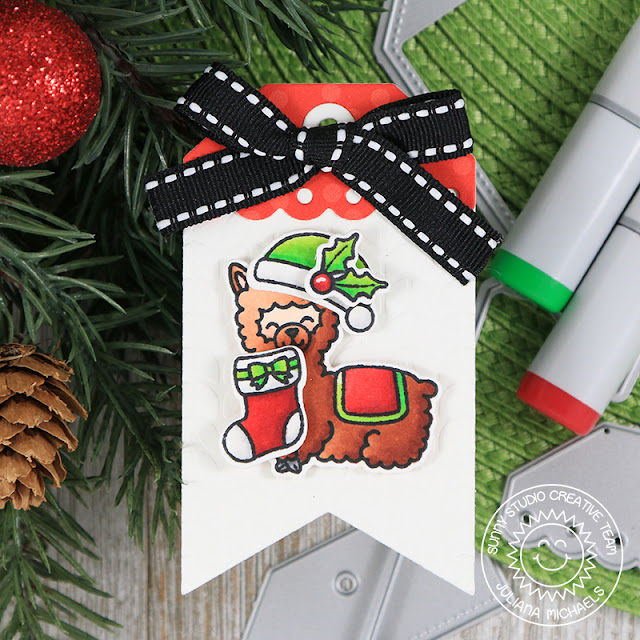 Christmas Gift Tag by Juliana Micheals featuring Sunny Studio Stamps Build A Tag No. 2 Dies, Alpaca Holiday Stamp Set, Cable Knit Embossing Folder and 6x6 Holiday Cheer Paper Pad