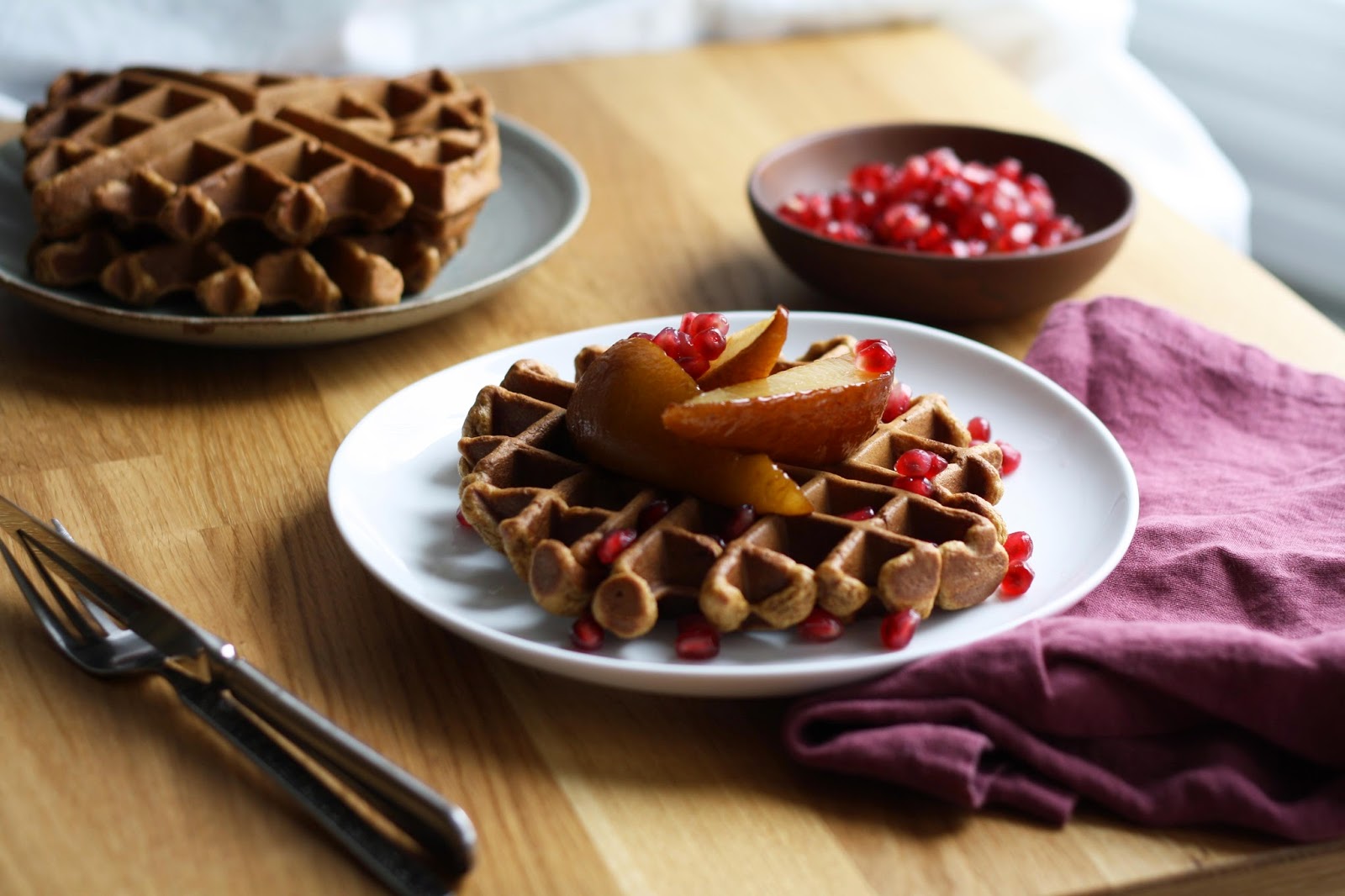 ginger molasses waffles with roasted pears and pomegranate // sevengrams