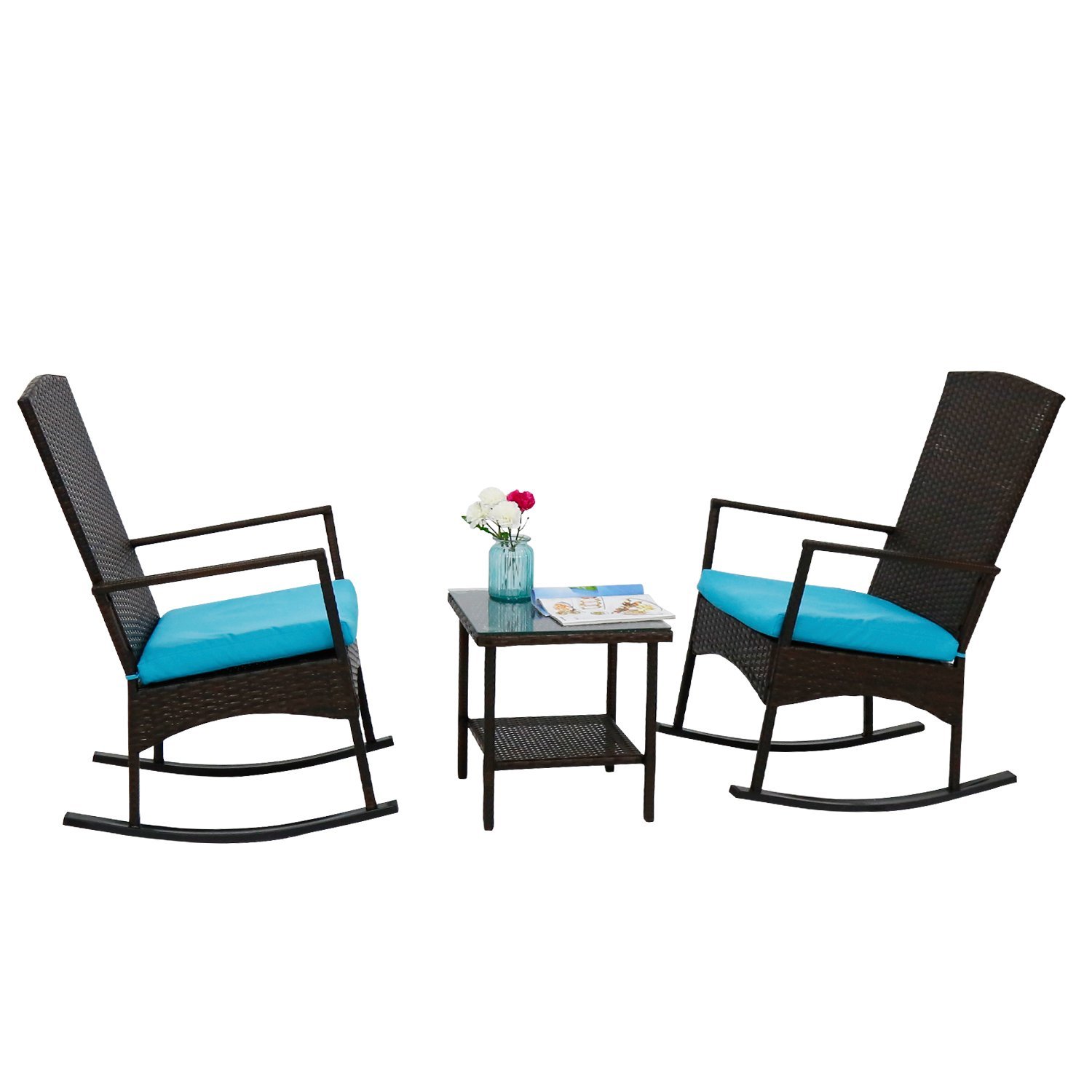 Luxury Furniture Review Kinbor 3PCS Outdoor Rattan Rocker Chair Side Tea Table Set Garden