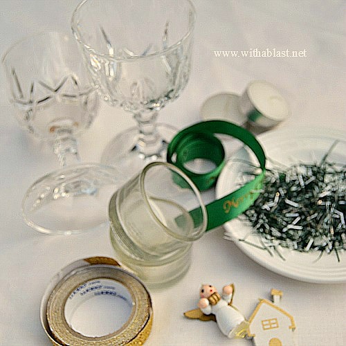 Easy Christmas Table Candle Decor ~ Get these Green & Gold {with a touch of White} table decor pieces ready in advance and when you are ready to display them, either on your Christmas dining table or elsewhere, it will only take minutes to set up #ChristmasDecor #Centerpieces www.withablast.net