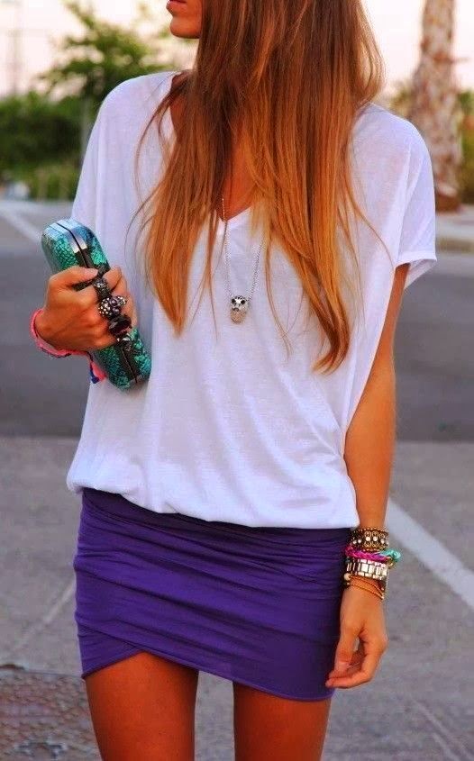 Women World Of Fashion Oversized White Tee + Purple Mini Skirt