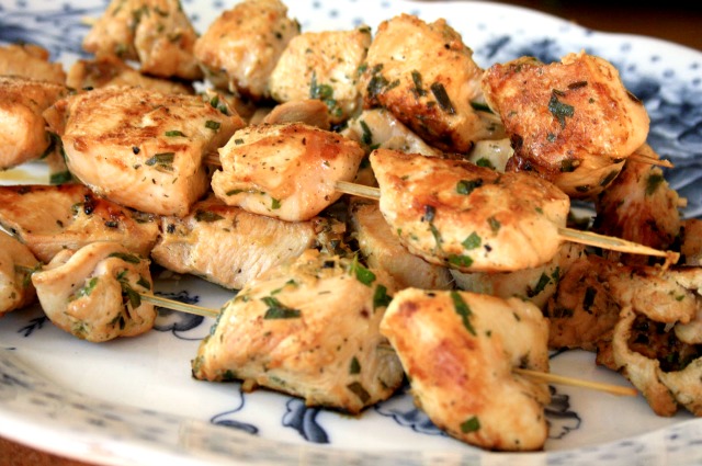 Herb marinated chicken skewers can be broiled or grilled