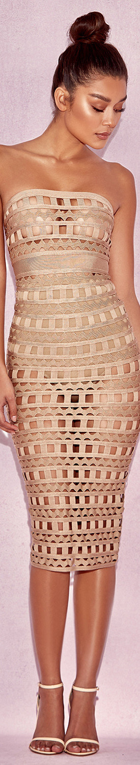 HOUSE OF CB 'DEMELZA' NUDE OPENWORK STRAPLESS MIDI DRESS