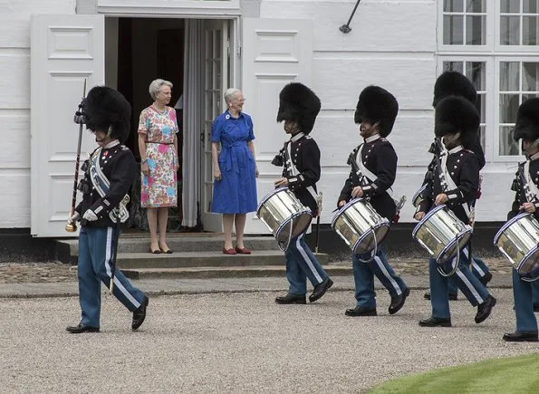 Queen Margrethe and Princess Benedikte attended ceremony of guard changing held at Grasten Palace. Princess Mary