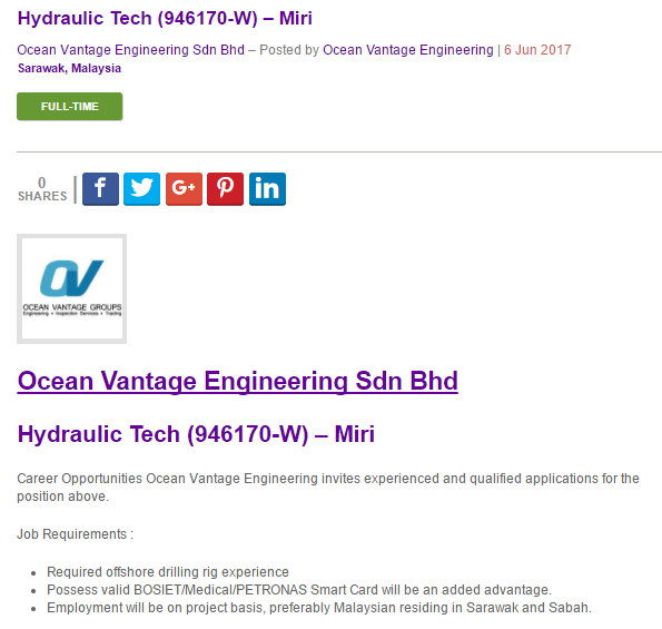 Oil &Gas Vacancies Hydraulic Tech Ocean Vantage Miri