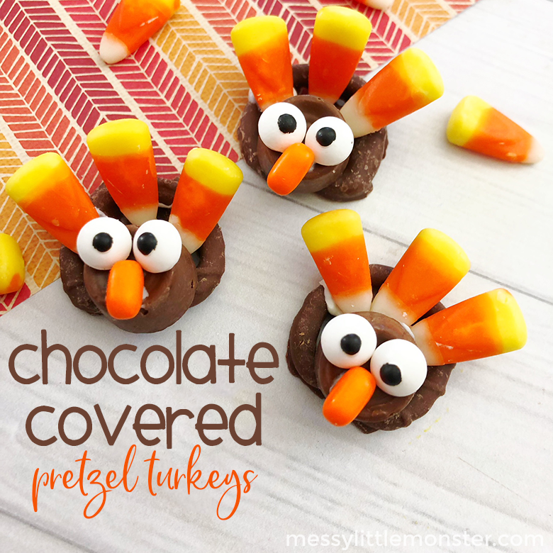Chocolate Covered Pretzel Turkeys - Thanksgiving Treats for Kids. Fun snacks for kids to make and eat! A fun Thanksgiving activity for preschoolers and older kids. 