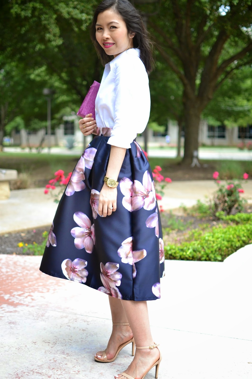 Style and Cappuccino : Peach Blossom: Full Midi Skirt & Oxford Shirt