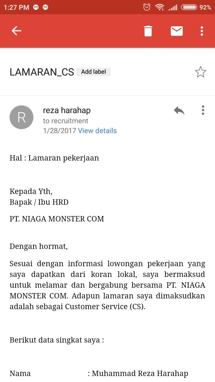 Contoh Surat Lamaran Kerja Via Email Lewat Hp serat