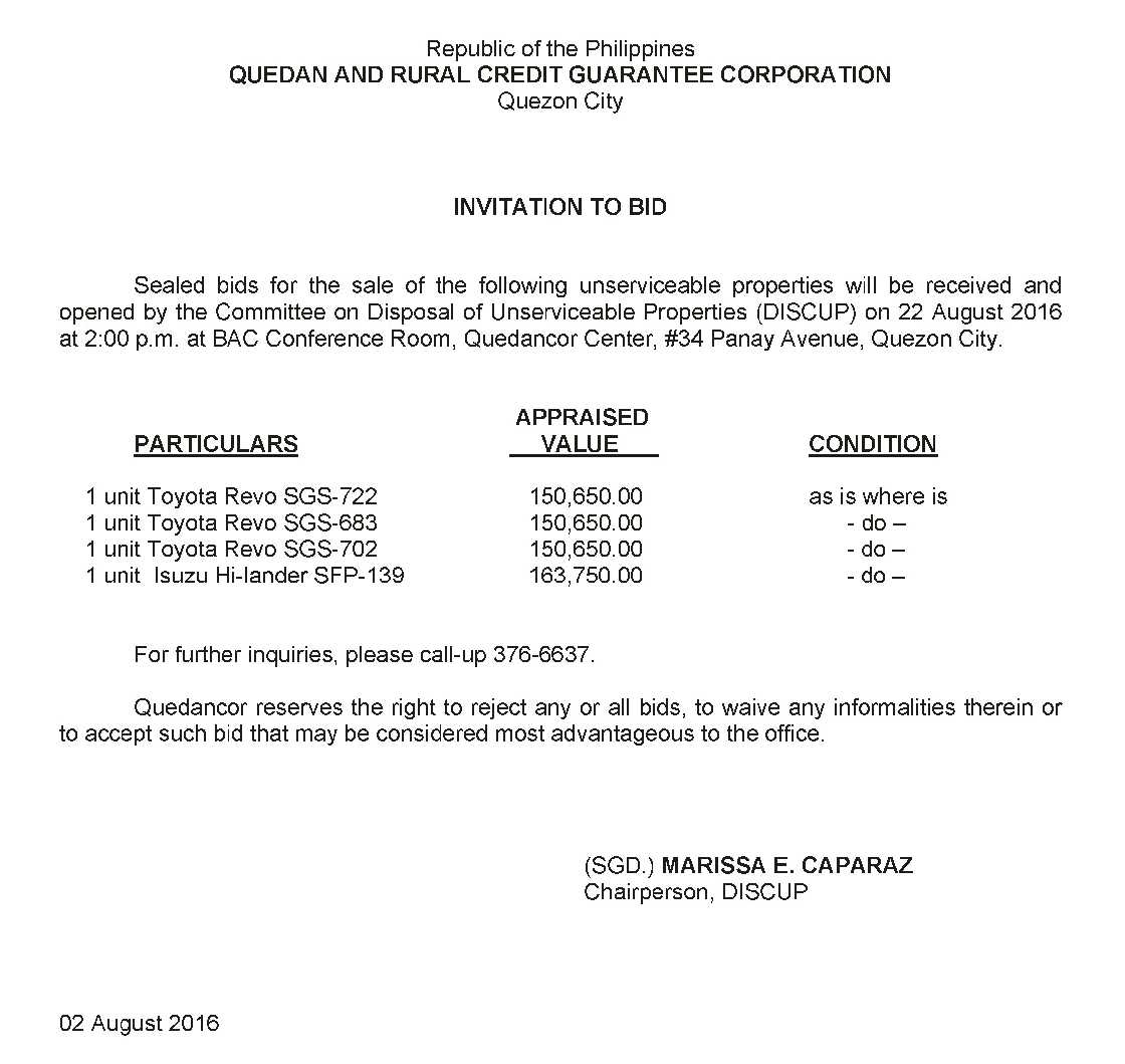 Quedancor Invitation To Bid Unserviceable Properties