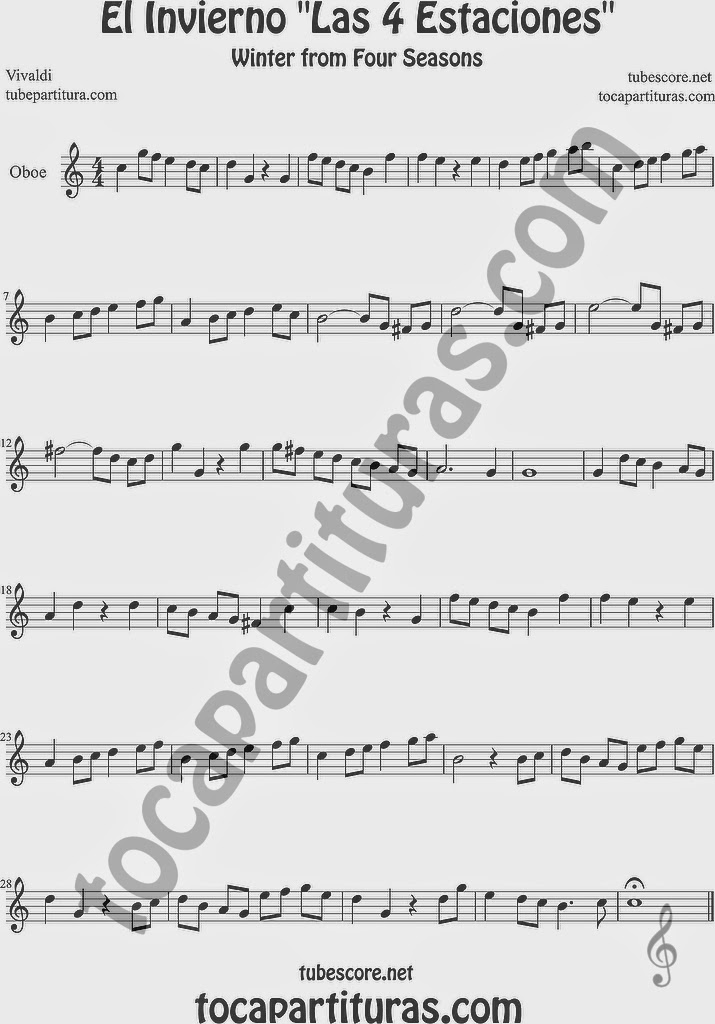  El Invierno de Vivaldi Partitura Fácil  Partitura de Oboe Sheet Music for Oboe Music Score Easy Winter Sheet Music Easy Winter Sheet Music 
