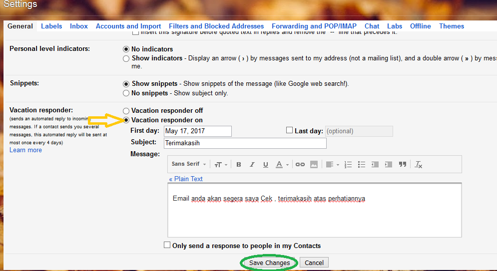 Automatic reply. Personal Level indicators gmail.