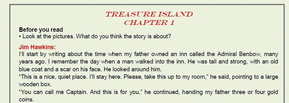 النص المدرسي و الأسئلة الخاصة بقصة Treasure island للصف الاول الثانوي ترم اول2020