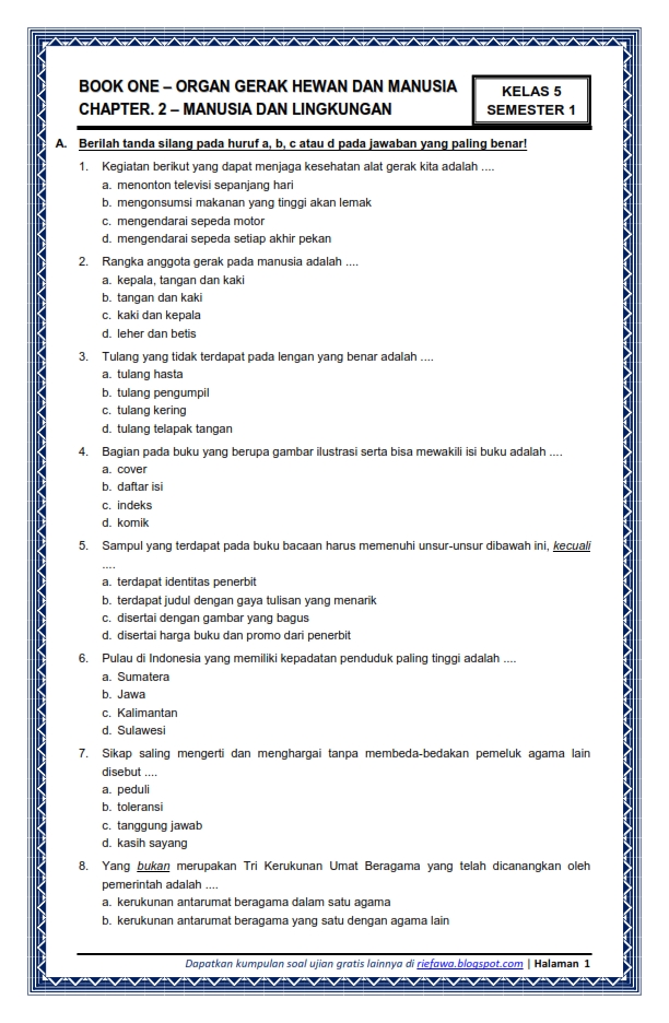 Download Soal Dan Kunci Balasan Kelas 5 Semester 1 Tema 1 Subtema 2 Organ Gerak Binatang Dan Insan Insan Dan Lingkungan Edisi Revisi Terbaru Dunia Edukasi