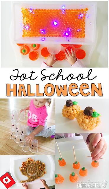 Tons of Halloween themed activities and ideas. Weekly plan includes books, fine motor, gross motor, sensory bins, snacks and more! Perfect for fall in tot school, preschool, or kindergarten.